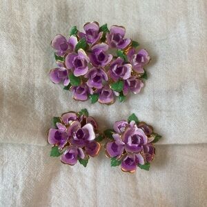 Purple Porcelain Flowers‎ & Green Leaves Vintage Brooch & Earrings Set